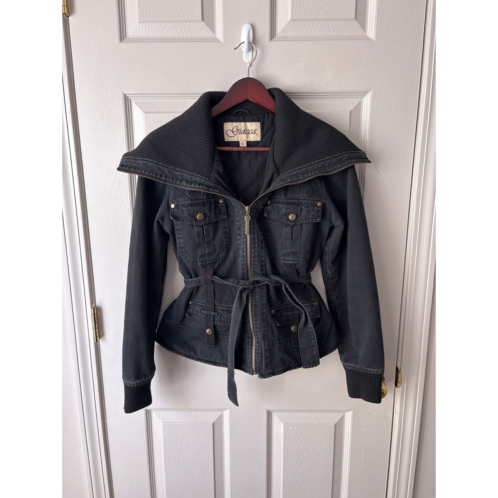 Giacca Utility Jacket Women Medium Black Ribbed Collar Belted Military Moto